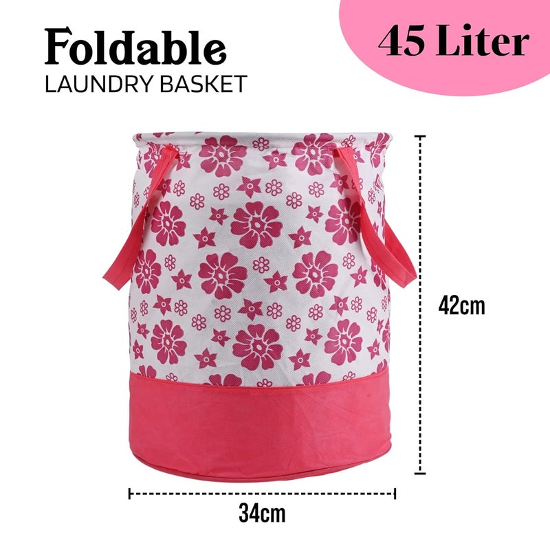 Kuber Industries 45L Foldable Dirty Clothes Laundry Basket With Handles For Washing Baby Unwashed Dress BinStorage Box Floral Print Pink White - Image 3