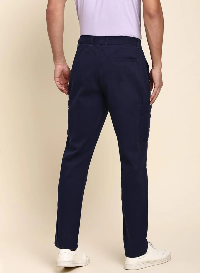 Dennis Lingo Men's Navy Cotton Blend Solid Full Length Chinos Tapered Fit Trouser