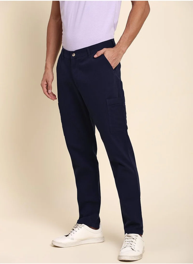 Dennis Lingo Men's Navy Cotton Blend Solid Full Length Chinos Tapered Fit Trouser