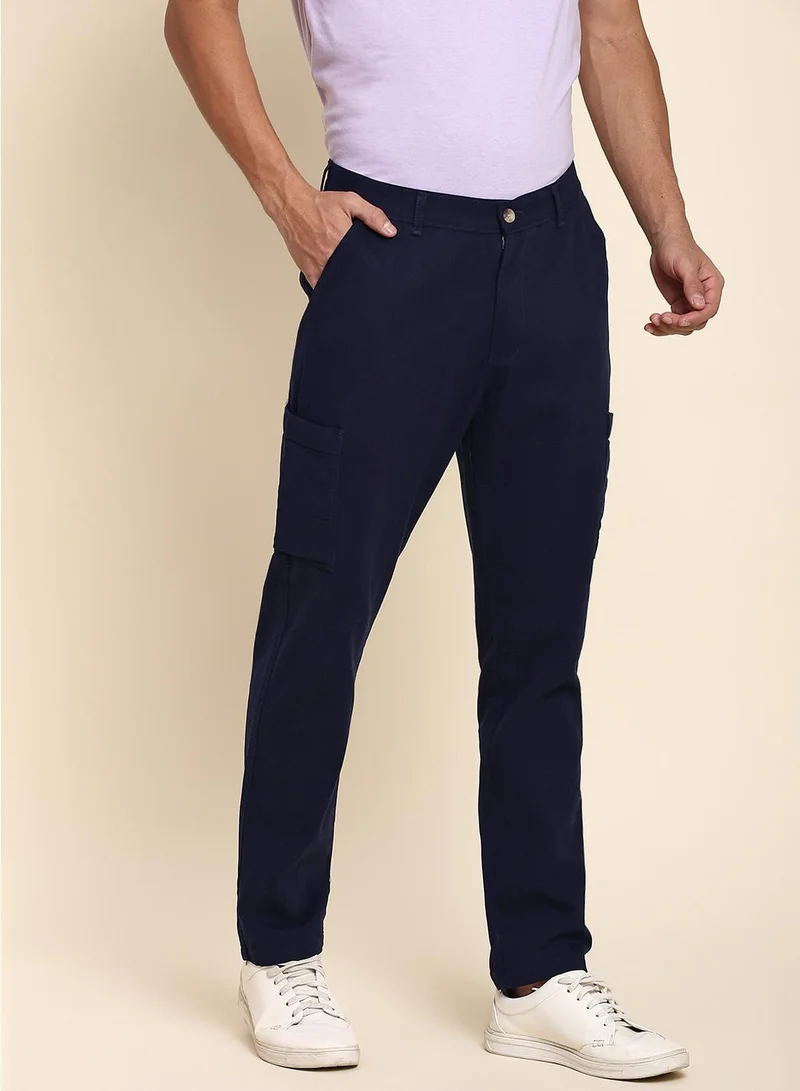 Dennis Lingo Men's Navy Cotton Blend Solid Full Length Chinos Tapered Fit Trouser