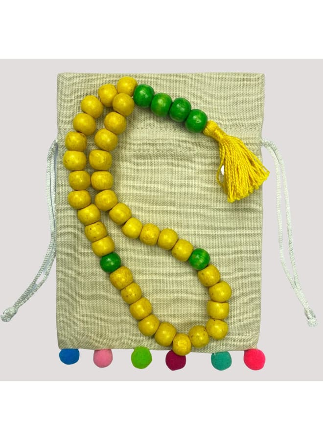 Misbaha Wooden Lacquered Tasbeeh, 33 Prayer Beads, Beautiful Colours, Great as a Gift, Comes in Jute Pouch (Yellow)  - Image 2