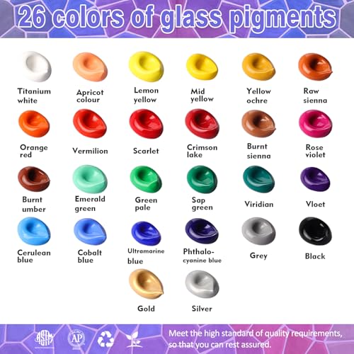 Colorful طقم طلاء زجاج ملون مع 6 فرش، 1 لوحة و 1 إسفنجة، 26 لون طلاء زجاج دائم ومقاوم للماء للفنون على كؤوس النبيذ، الزجاجات والنوافذ - Image 2