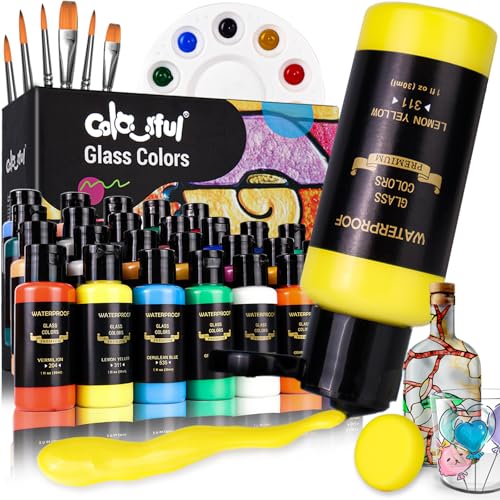 Colorful طقم طلاء زجاج ملون مع 6 فرش، 1 لوحة و 1 إسفنجة، 26 لون طلاء زجاج دائم ومقاوم للماء للفنون على كؤوس النبيذ، الزجاجات والنوافذ - Image 1