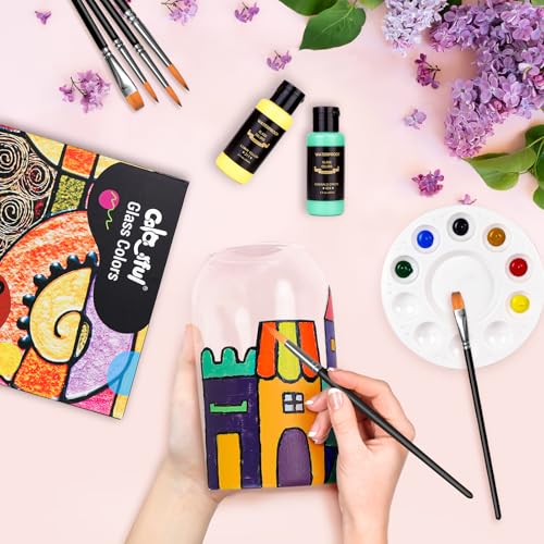 Colorful طقم طلاء زجاج ملون مع 6 فرش، 1 لوحة و 1 إسفنجة، 26 لون طلاء زجاج دائم ومقاوم للماء للفنون على كؤوس النبيذ، الزجاجات والنوافذ - Image 5