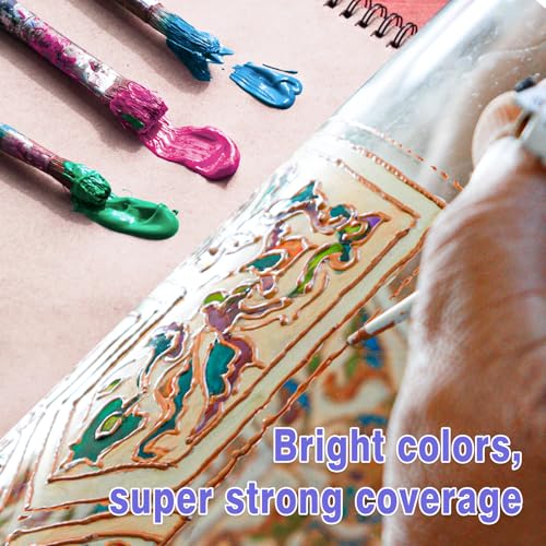 Colorful طقم طلاء زجاج ملون مع 6 فرش، 1 لوحة و 1 إسفنجة، 26 لون طلاء زجاج دائم ومقاوم للماء للفنون على كؤوس النبيذ، الزجاجات والنوافذ - Image 4