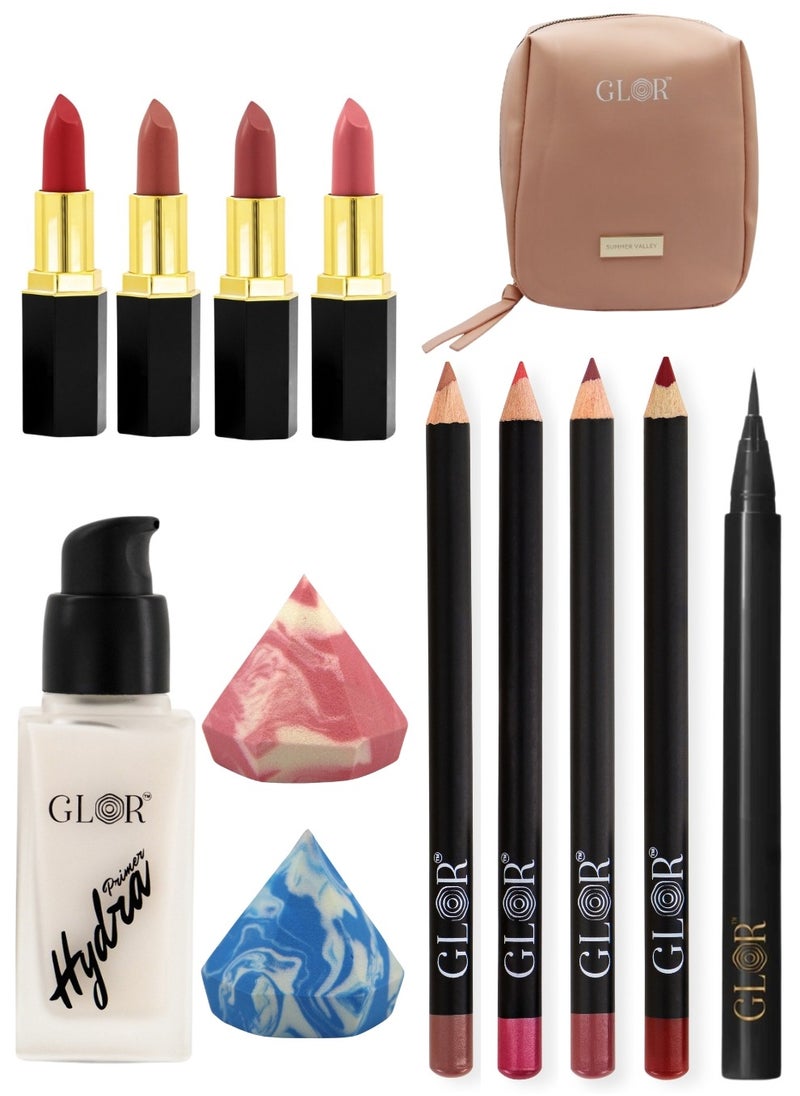 GLOR Glor Endless Charm Lipstick 4 Shades – Intense Long-Lasting Color, Luxurious Moisture, Ultra-Creamy Formula for Beautiful Lips  +   Glor Endless Charm Ultimate Precision Lip Liner - 4 Shades –Vegan, Allergen-Free, Long-Lasting Lip Definition +  Glor Face & Eye Hydration Primer  + Glor Precision Eyeliner +  Cosmetics Bag +  Beauty Blender  - Image 1