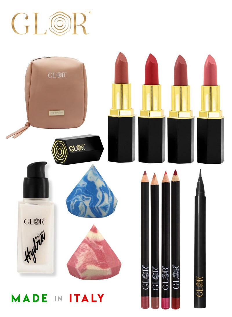Glor Endless Charm Lipstick 4 Shades – Intense Long-Lasting Color, Luxurious Moisture, Ultra-Creamy Formula for Beautiful Lips  +   Glor Endless Charm Ultimate Precision Lip Liner - 4 Shades –Vegan, Allergen-Free, Long-Lasting Lip Definition +  Glor Face & Eye Hydration Primer  + Glor Precision Eyeliner +  Cosmetics Bag +  Beauty Blender - Image 1