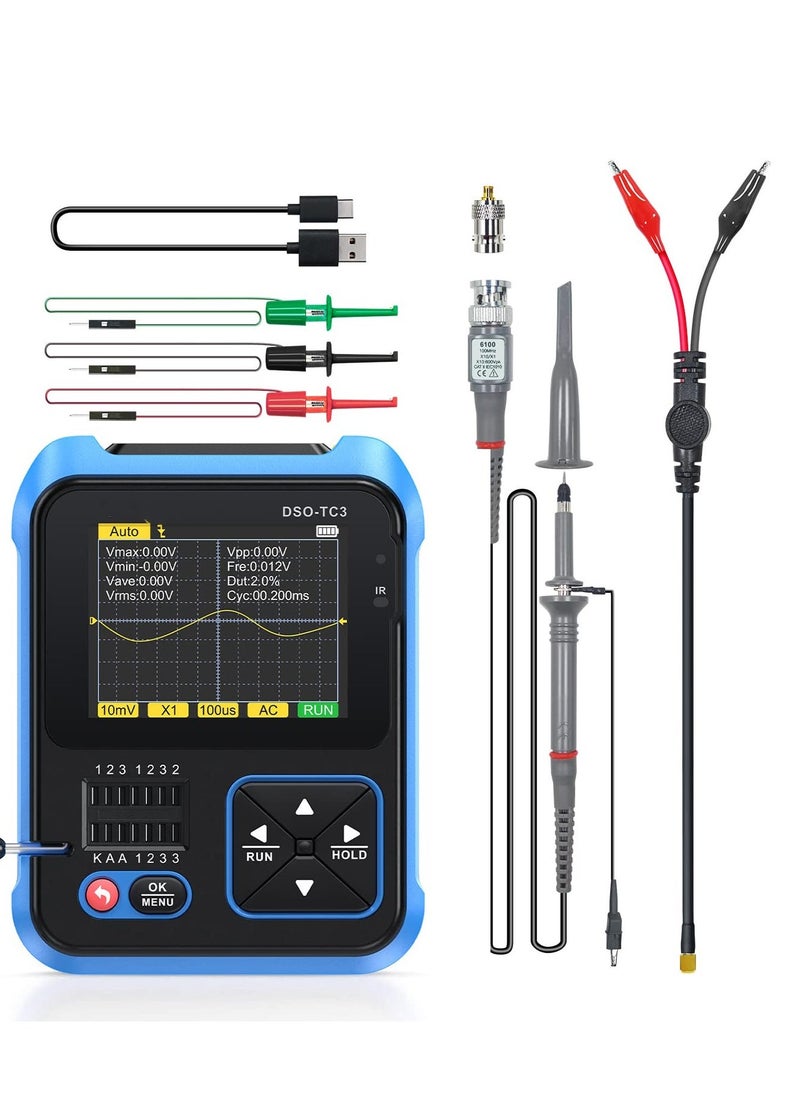 3-in-1 Handheld Oscilloscope DSO-TC3, 500Khz Bandwidth 10MSa/s Sampling Rate, DDS Signal Generator, Transistor Tester, 6 Types of Waveforms, Transistors Measure  - Image 1