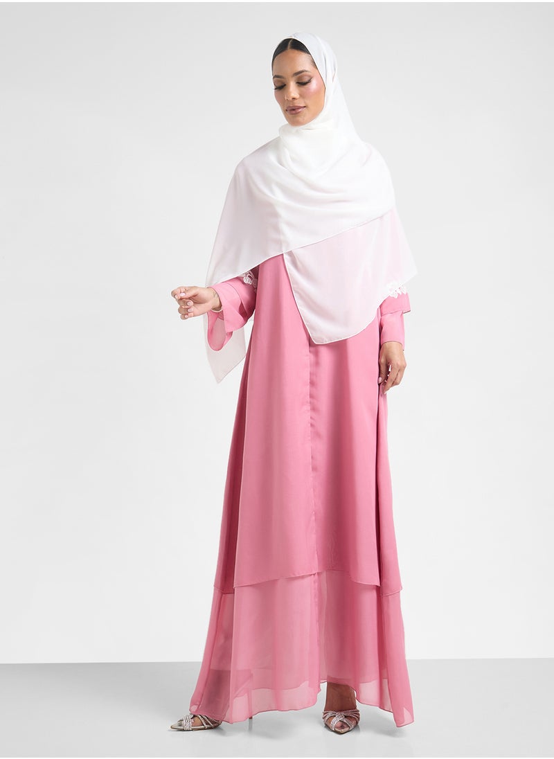 Khizana Layered Abaya With Motif On Sleeves  - Image 1