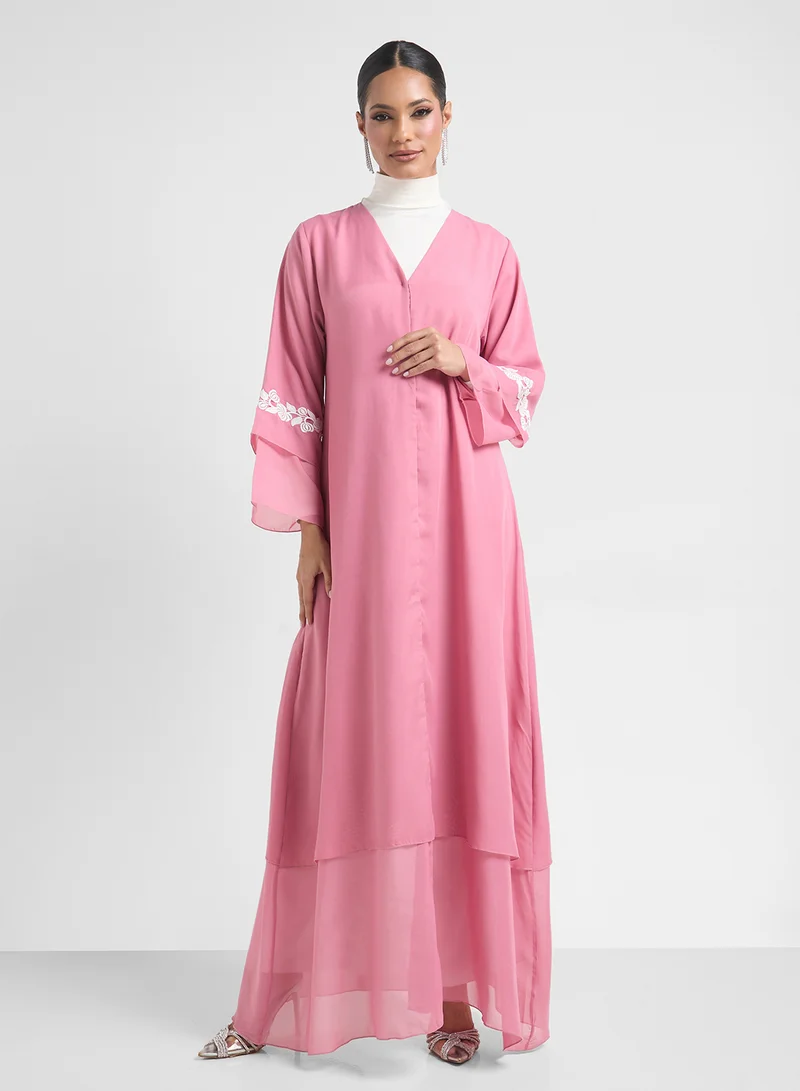 Khizana Layered Abaya With Motif On Sleeves