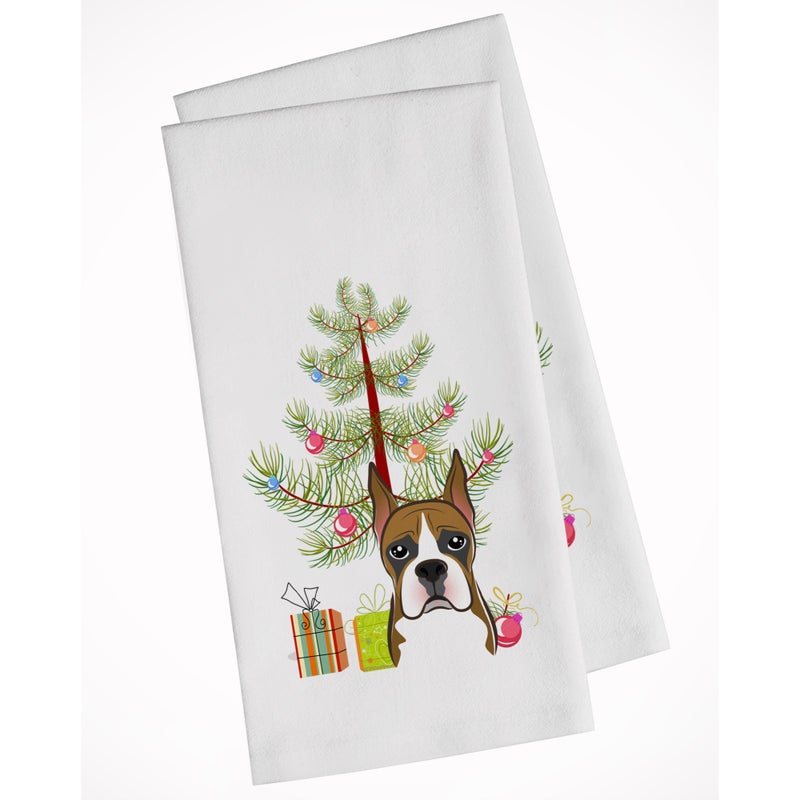 Caroline's Treasures Christmas Tree and Boxer White Kitchen Towel Set of 2