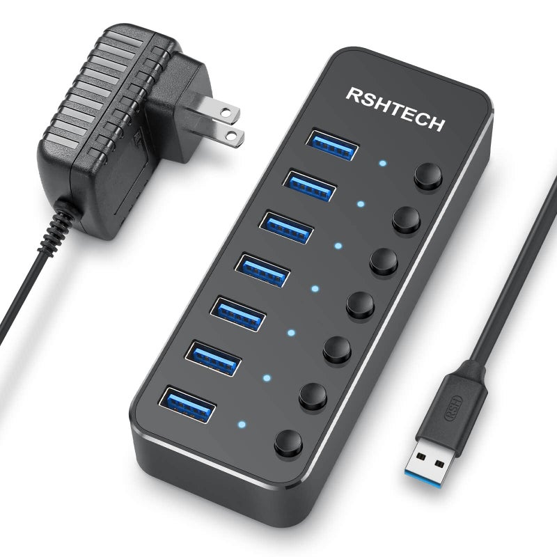 Rshtech USB 3.0 Hub, RSHTECH 7 Port Powered USB Hub Expander Aluminum USB 3.0 Data Port hub with Universal 5V AC Adapter and Individual On/Off Switches USB Splitter for Laptop and PC(Black) - Image 1