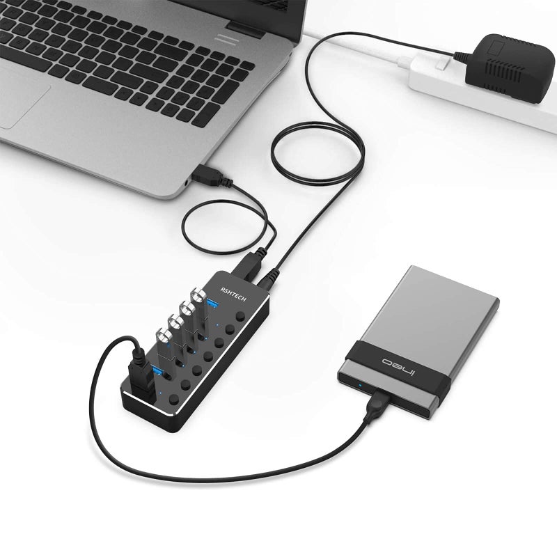Rshtech USB 3.0 Hub, RSHTECH 7 Port Powered USB Hub Expander Aluminum USB 3.0 Data Port hub with Universal 5V AC Adapter and Individual On/Off Switches USB Splitter for Laptop and PC(Black) - Image 3