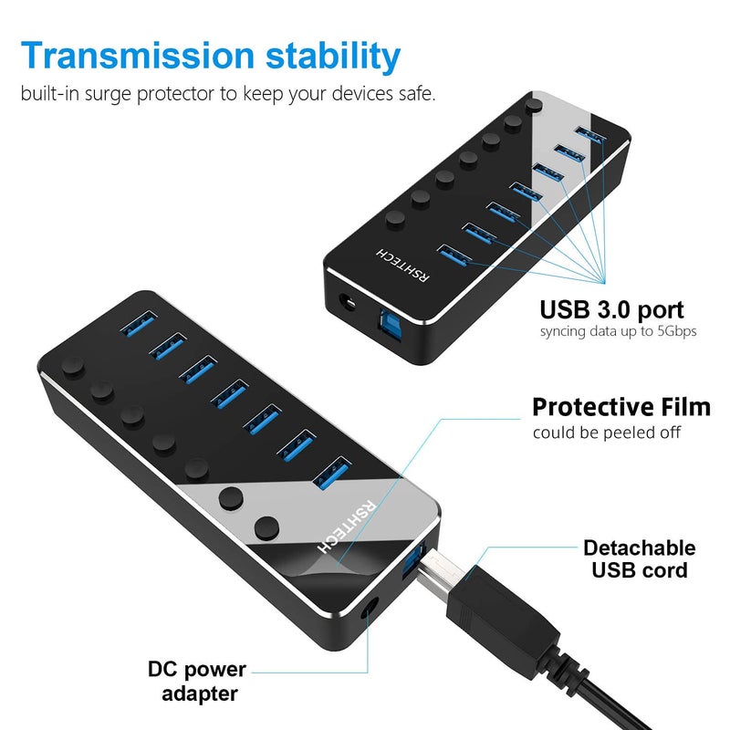 Rshtech USB 3.0 Hub, RSHTECH 7 Port Powered USB Hub Expander Aluminum USB 3.0 Data Port hub with Universal 5V AC Adapter and Individual On/Off Switches USB Splitter for Laptop and PC(Black) - Image 5