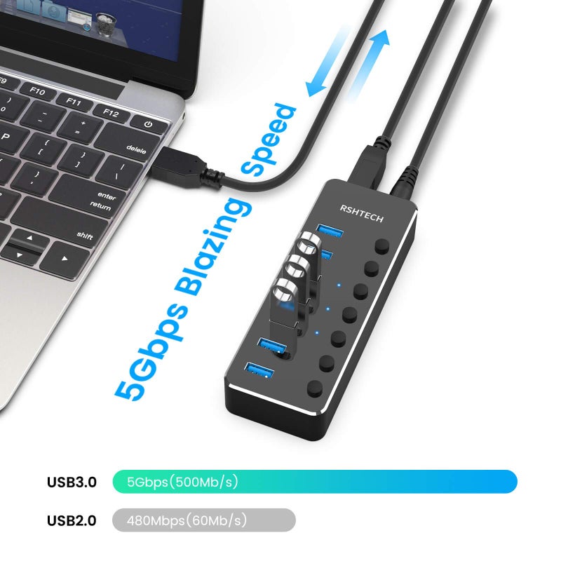 Rshtech USB 3.0 Hub, RSHTECH 7 Port Powered USB Hub Expander Aluminum USB 3.0 Data Port hub with Universal 5V AC Adapter and Individual On/Off Switches USB Splitter for Laptop and PC(Black) - Image 2