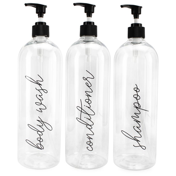 SHOWER PUMP BOTTLES SET OF 3 32OZ PUMP DISPENSERS FOR SHAMPOO CONDITIONER AND BODY WASH