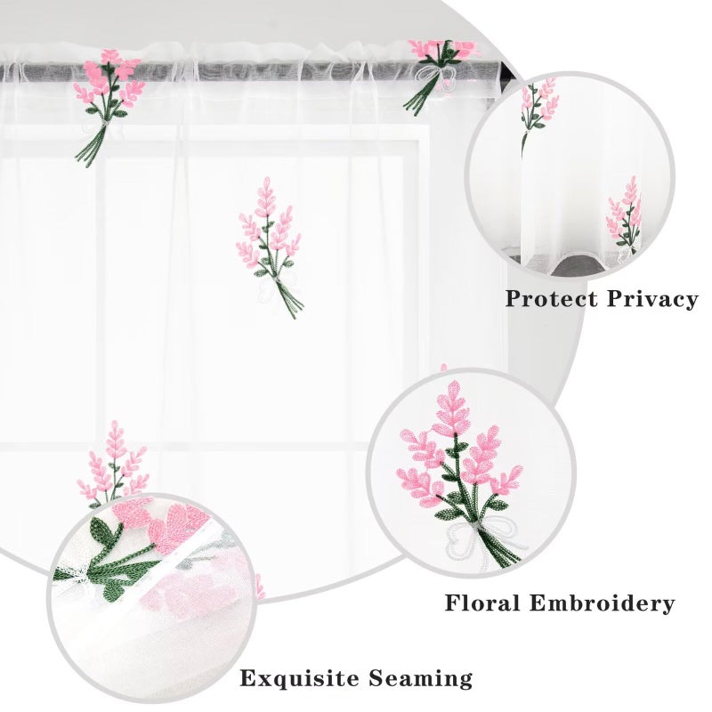 Karseteli Floral Sheer Curtains Embroidered Lavender Patterned Semi-Sheer Curtain 84 Inches Long 2 Panels Rod Pocket Spring Voile Drapes for Living Room, Bedroom(W52 x L84 Inch, White&Pink) - Image 3