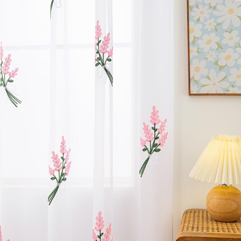 Karseteli Floral Sheer Curtains Embroidered Lavender Patterned Semi-Sheer Curtain 84 Inches Long 2 Panels Rod Pocket Spring Voile Drapes for Living Room, Bedroom(W52 x L84 Inch, White&Pink) - Image 5