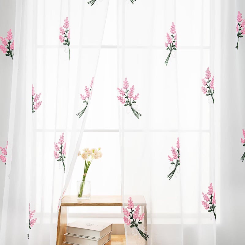 Karseteli Floral Sheer Curtains Embroidered Lavender Patterned Semi-Sheer Curtain 84 Inches Long 2 Panels Rod Pocket Spring Voile Drapes for Living Room, Bedroom(W52 x L84 Inch, White&Pink) - Image 1