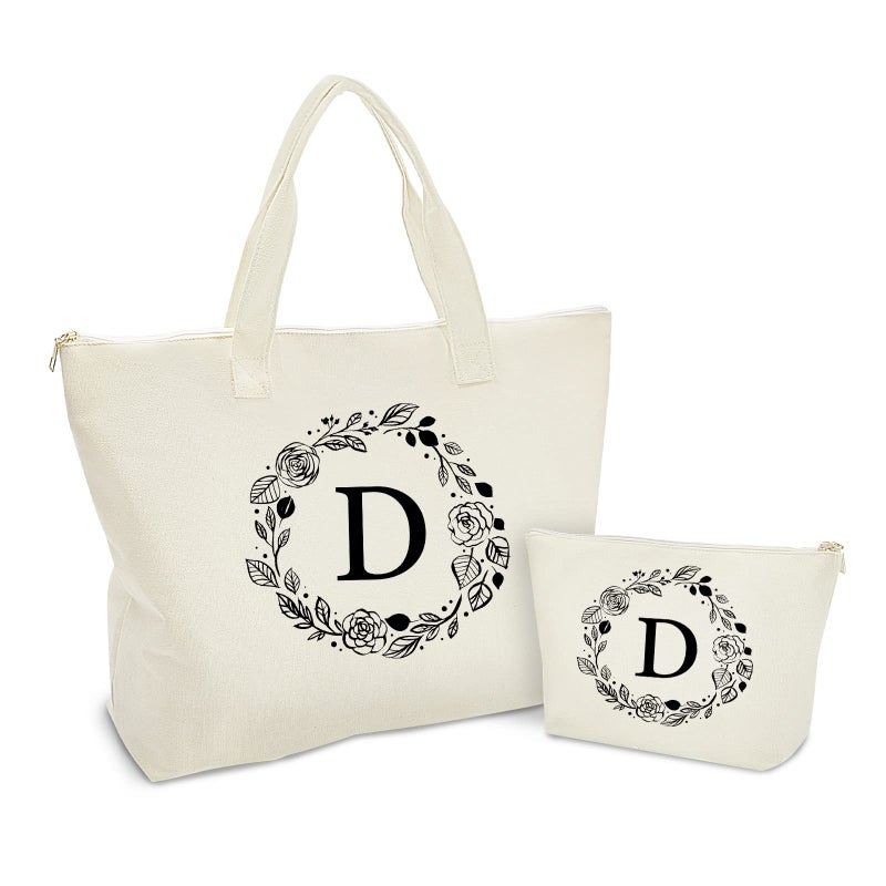 Binggemen Personalized Initial Canvas Tote Bag with Zipper Present Bag with Inner Pocket  Make Up Bag Great Gifts for Women Mom Teachers Friends Bridesmaids