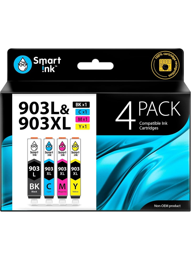 Smart Ink Compatible Ink Cartridge Replacement for HP 903 903XL High Yield 4 Multipack (Black & C/M/Y) with Advanced Chip Technology to use with HP Officejet 6950 Officejet Pro 6960 6970 All-in-one