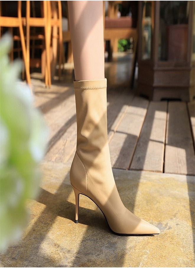 BIGTREE Stylish And Simple Slim Heel Pointed Boots 7.5CM Beige  - Image 1