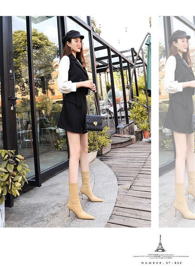 BIGTREE Stylish And Simple Slim Heel Pointed Boots 7.5CM Beige  - Image 2
