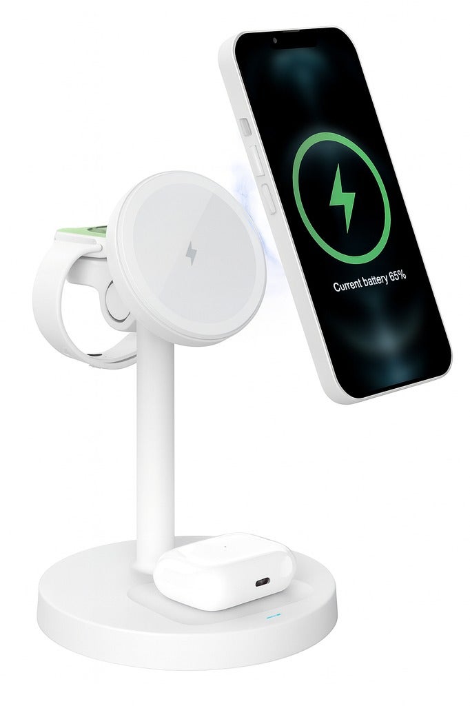 3-in-1 Magnetic Wireless Charger Stand for Phone Watch Earbuds Fast Charging Dock with Strong Magnet and Desktop Holder White - Image 1