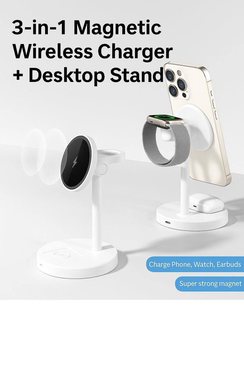 3-in-1 Magnetic Wireless Charger Stand for Phone Watch Earbuds Fast Charging Dock with Strong Magnet and Desktop Holder White - Image 2