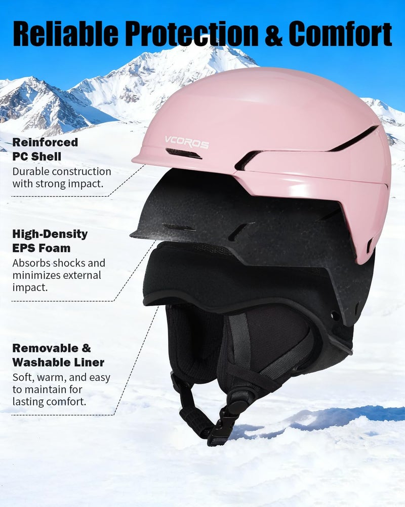 VCOROS Adult Ski Helmet with Goggles Set, Lightweight DXH-811 Snow Sport Helmet for Men and Women, Durable PC Shell, Shockproof Snowboard Helmet for Skiing Snowboarding Snowmobile (Matte Pink, L) - Image 3
