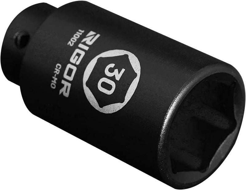 Rigor 11002 30mm Axle Nut Impact Socket | 1/2-Inch Drive, 6 Point, Deep, CR-MO, Metric | Quick-Fit for Hog Ring Anvil | Laser Etched - Image 1