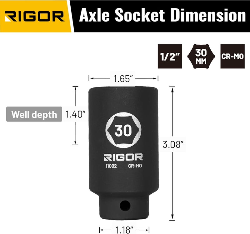 Rigor 11002 30mm Axle Nut Impact Socket | 1/2-Inch Drive, 6 Point, Deep, CR-MO, Metric | Quick-Fit for Hog Ring Anvil | Laser Etched - Image 2