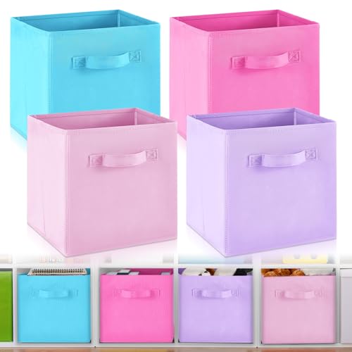 Yinder 4 Pcs Cube Storage Bin 105x105x11 Storage Bins for Playroom Decor Colorful Bins for Kids Purple Foldable Baskets for Nursery Organizer Boxes Fabric BoxesBlue Purple Pink Rose Red - Image 1
