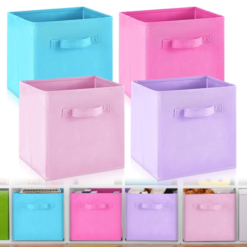 Yinder 4 Pcs Cube Storage Bin 105x105x11 Storage Bins for Playroom Decor Colorful Bins for Kids Purple Foldable Baskets for Nursery Organizer Boxes Fabric BoxesBlue Purple Pink Rose Red - Image 2