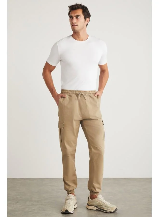 GRIMELANGE Grimelange Cargo Men's Woven Cargo Pocket Elastic Waist & Hem Beige Pants