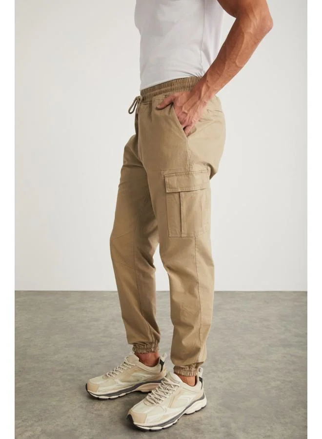 GRIMELANGE Grimelange Cargo Men's Woven Cargo Pocket Elastic Waist & Hem Beige Pants