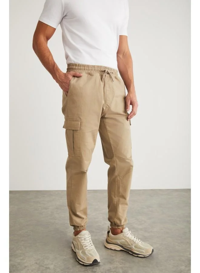 GRIMELANGE Grimelange Cargo Men's Woven Cargo Pocket Elastic Waist & Hem Beige Pants