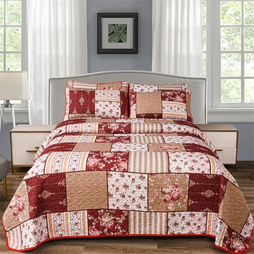 YASMENG 3 Pieces Floral Plaid Patchwork Bedding Quilt Set Queen Red Brown White Plaid Patchwork with Peony Flower Quilted Bedspread Coverlet Set Soft Lightweight Microfiber Bed Cover Set for All Seasons - Image 2