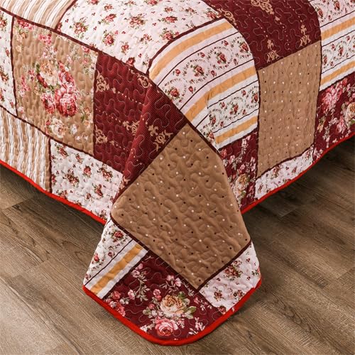 YASMENG 3 Pieces Floral Plaid Patchwork Bedding Quilt Set Queen Red Brown White Plaid Patchwork with Peony Flower Quilted Bedspread Coverlet Set Soft Lightweight Microfiber Bed Cover Set for All Seasons - Image 5