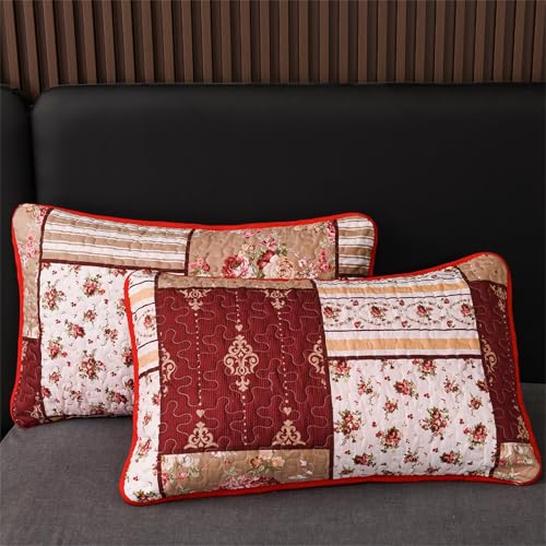 YASMENG 3 Pieces Floral Plaid Patchwork Bedding Quilt Set Queen Red Brown White Plaid Patchwork with Peony Flower Quilted Bedspread Coverlet Set Soft Lightweight Microfiber Bed Cover Set for All Seasons - Image 4