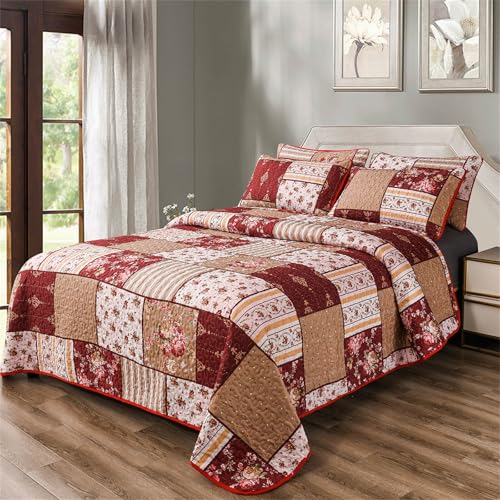 YASMENG 3 Pieces Floral Plaid Patchwork Bedding Quilt Set Queen Red Brown White Plaid Patchwork with Peony Flower Quilted Bedspread Coverlet Set Soft Lightweight Microfiber Bed Cover Set for All Seasons - Image 1