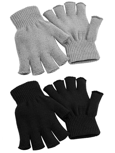 Cooraby 2 Pairs Unisex Warm Half Finger Gloves Winter Fingerless Gloves (L for Adults, M for Teens, S for Kids) (Black, Gray, Medium) - Image 1