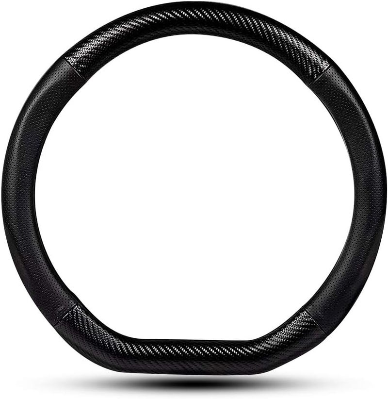 HAOTULE Car carbon fiber and leather d-shape steering wheel cover, stylish car non-slip leather car interior 15 inches universal black - Image 1