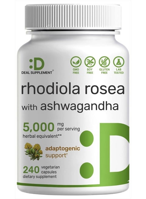 Rhodiola Rosea with Ashwagandha 5,000mg Per Serving, 240 Veggie Capsules – Max Strength 10:1 Root Extract – Adaptogenic Supplements for Relaxation, Energy, & Brain Health – Non-GMO