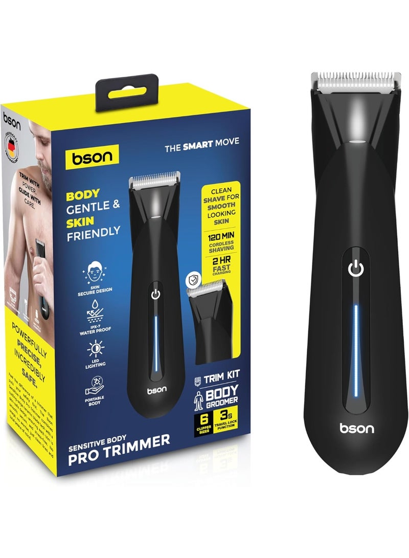 BSON مقص الجسم الحساس برو للرجال - تصميم آمن للبشرة، مقاوم للماء IPX7، ضوء LED، 6 أحجام مشط، قفل للسفر، شحن سريع خلال 2 ساعة، حلاقة لطيفة للمناطق الحساسة - Image 1