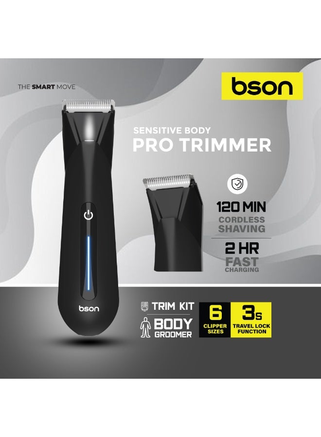 BSON مقص الجسم الحساس برو للرجال - تصميم آمن للبشرة، مقاوم للماء IPX7، ضوء LED، 6 أحجام مشط، قفل للسفر، شحن سريع خلال 2 ساعة، حلاقة لطيفة للمناطق الحساسة - Image 2