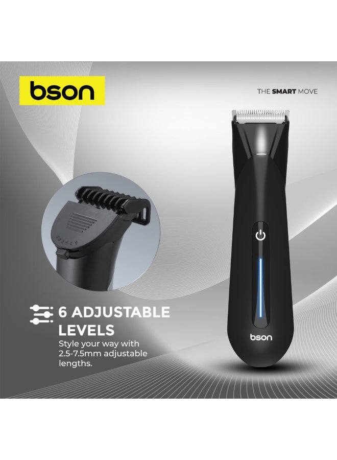BSON مقص الجسم الحساس برو للرجال - تصميم آمن للبشرة، مقاوم للماء IPX7، ضوء LED، 6 أحجام مشط، قفل للسفر، شحن سريع خلال 2 ساعة، حلاقة لطيفة للمناطق الحساسة - Image 3