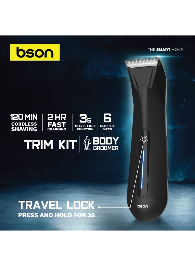 BSON مقص الجسم الحساس برو للرجال - تصميم آمن للبشرة، مقاوم للماء IPX7، ضوء LED، 6 أحجام مشط، قفل للسفر، شحن سريع خلال 2 ساعة، حلاقة لطيفة للمناطق الحساسة - Image 5