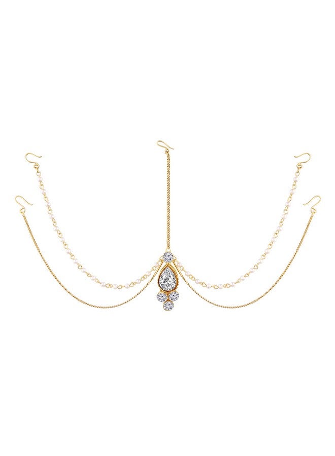 I Jewels Traditional Gold Plated Bridal Chain with Pearl Layer Stone Mathapatti/Maang Tikka Jewellery for Women (T1083W) - Image 1