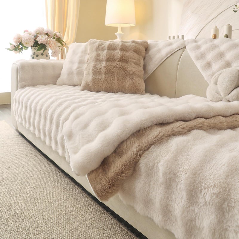 Aucrovee Soft Plush Faux Fur Couch Cover Thick Warm Fuzzy Sectional Sofa Covers for 3 Cushion Couch Sofa L Sharped Sofa Non Slip Slipcover Furniture Protector Covers for Pets1 PCS 36x82 White - Image 2